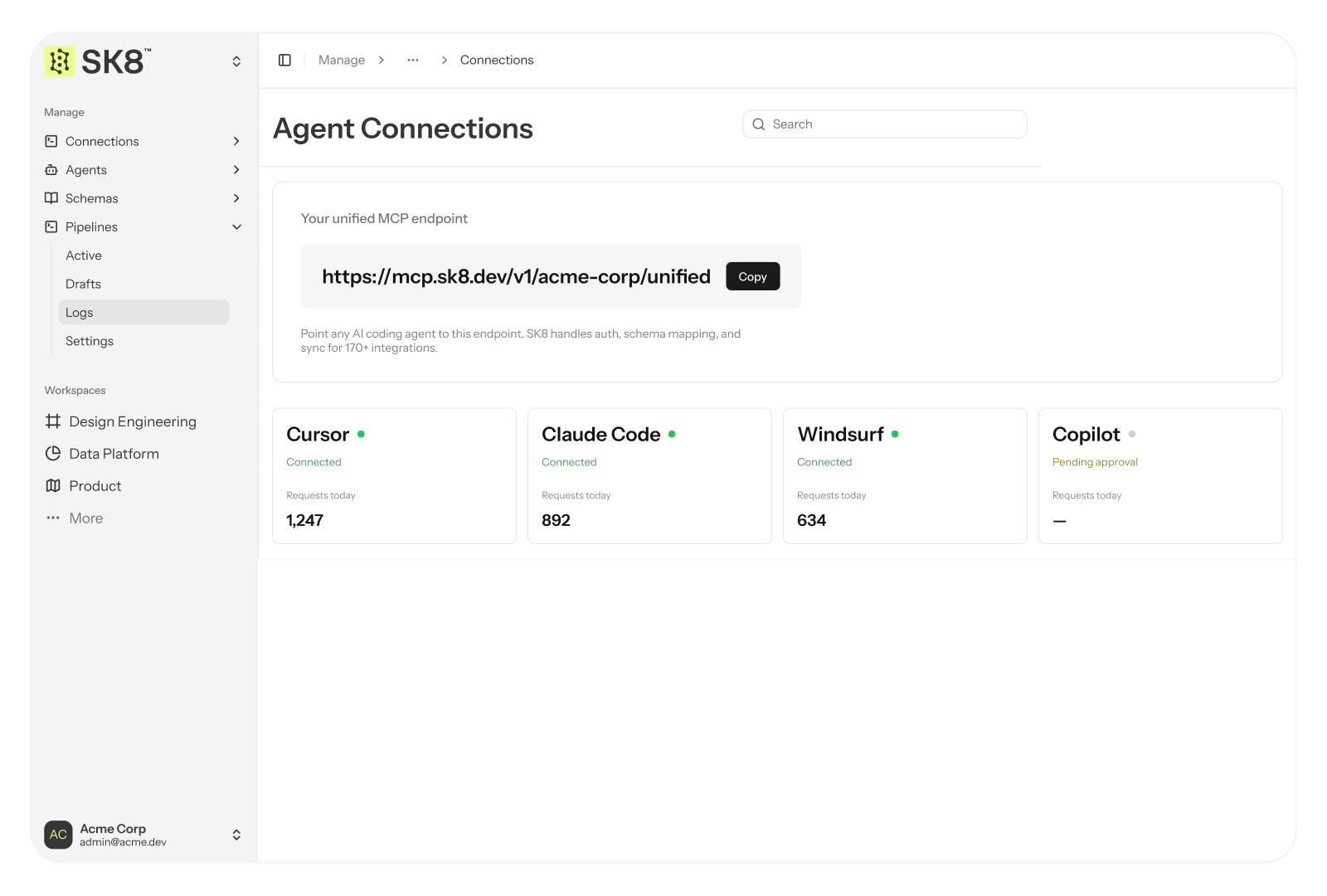 SK8 Agent Connections dashboard